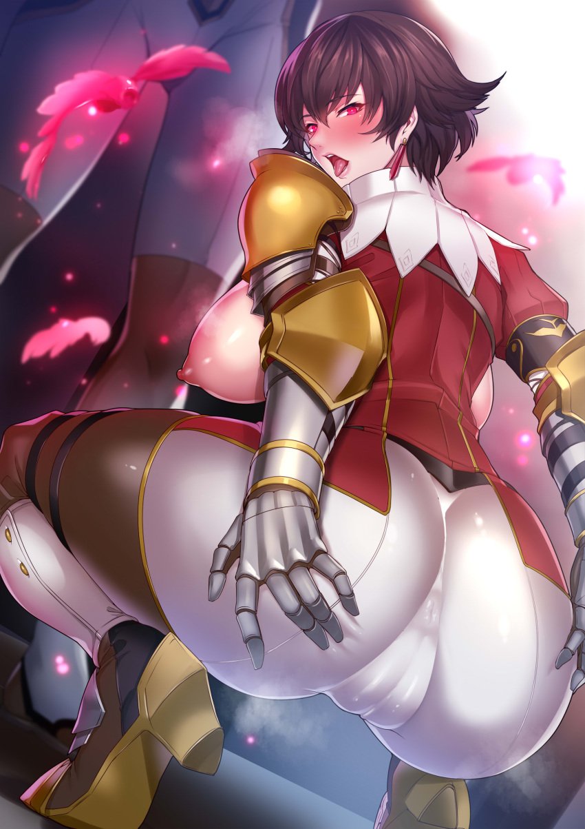 1girls armor ass ass_grab back backboob big_ass big_breasts big_butt blush breasts breasts_out cameltoe dat_ass female_only fiorayne glowing_eyes grabbing grabbing_own_ass harunori_oogami huge_ass looking_at_viewer looking_back monster_hunter monster_hunter_rise qurio red_eyes seductive sideboob squatting steam tagme tight_clothing tight_pants