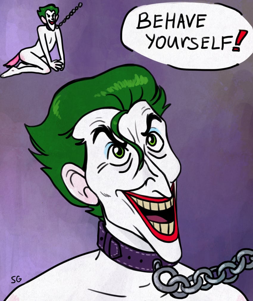 batjokes batman_(series) bondage chains clown clown_makeup collar collar_only dc dc_comics dog dog_collar garrett_strangelove gay green_eyes green_hair joker male male_only petplay submissive submissive_male tail white_skin