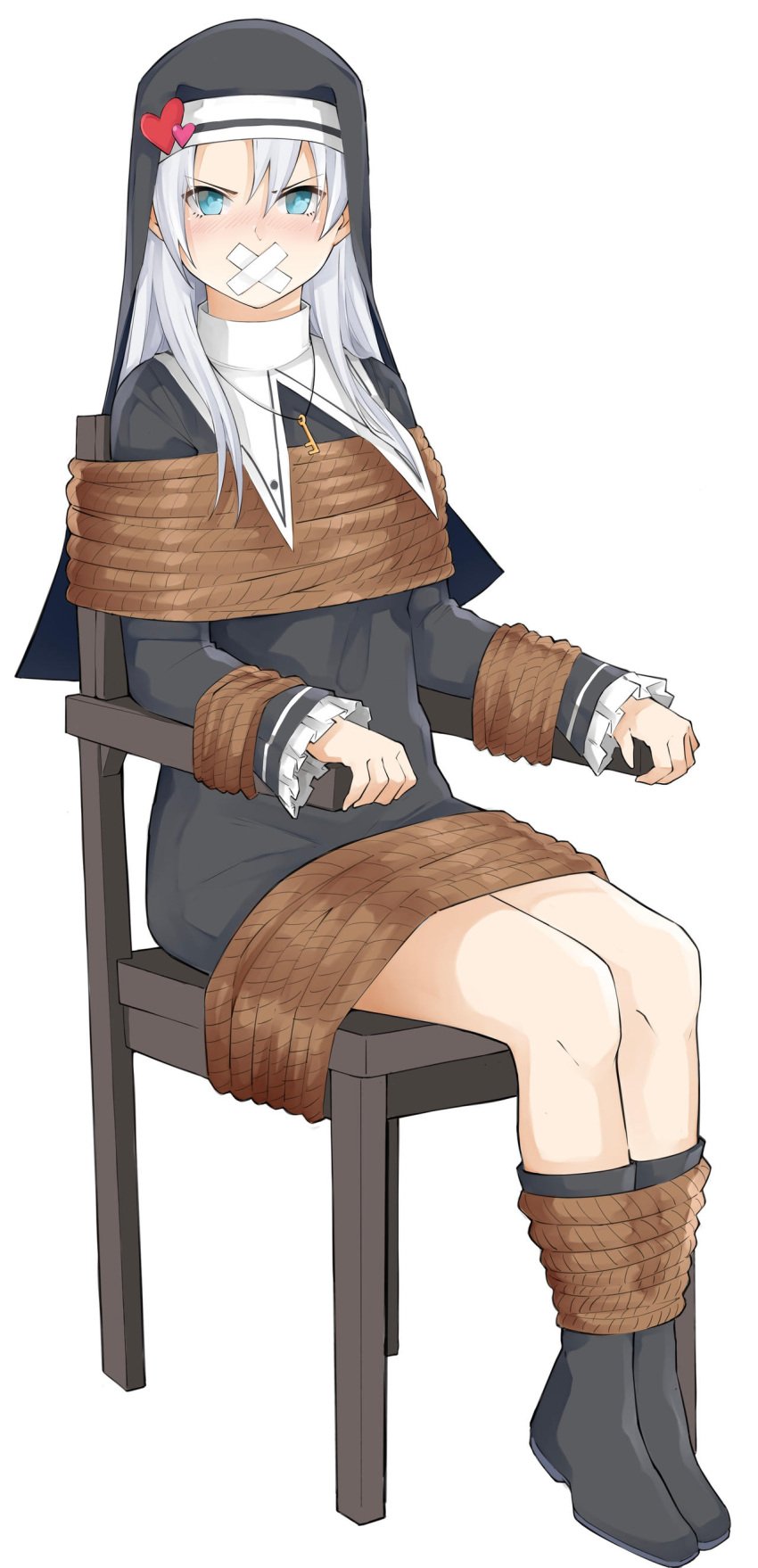 angry artist_request blue_eyes blush boku_wa_tomodachi_ga_sukunai bondage bound_ankles bound_wrists gag gagged looking_at_viewer takayama_kate tape_gag tied_to_chair white_hair