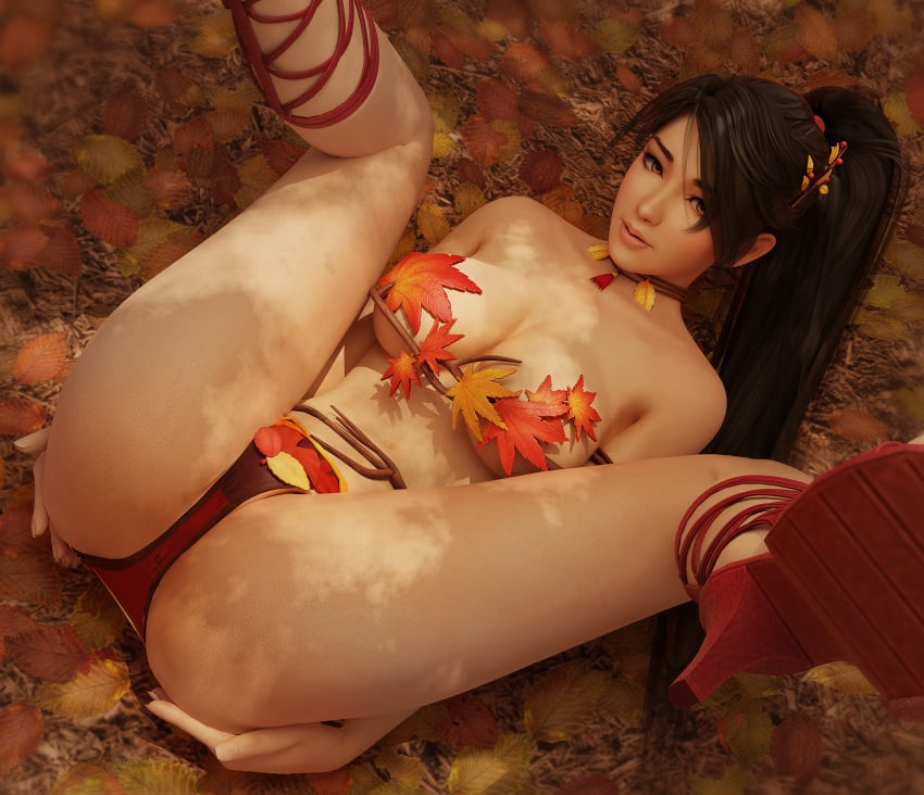 1girls 3d 3d_(artwork) autumn autumn_leaves black_hair blender breasts brown_eyes dead_or_alive dead_or_alive_5 female female_focus hair_ornament high_heels highres kunoichi light-skinned_female long_hair looking_at_viewer momiji_(ninja_gaiden) ninja_gaiden on_back panties ponytail radianteld spread_legs