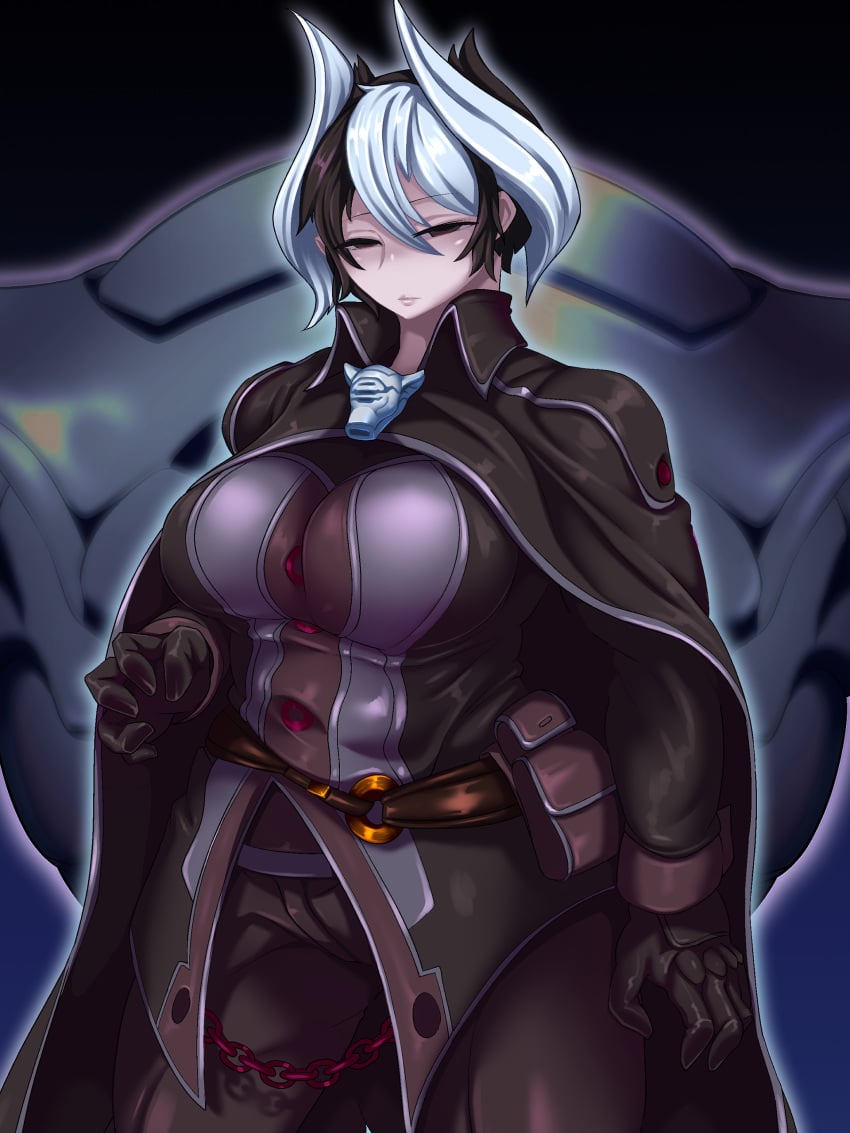 big_breasts black_and_white_hair black_clothing black_eyes cape cleavage female female_only fully_clothed gloves looking_at_viewer made_in_abyss nyosaku ozen short_hair solo two_tone_hair wide_hips