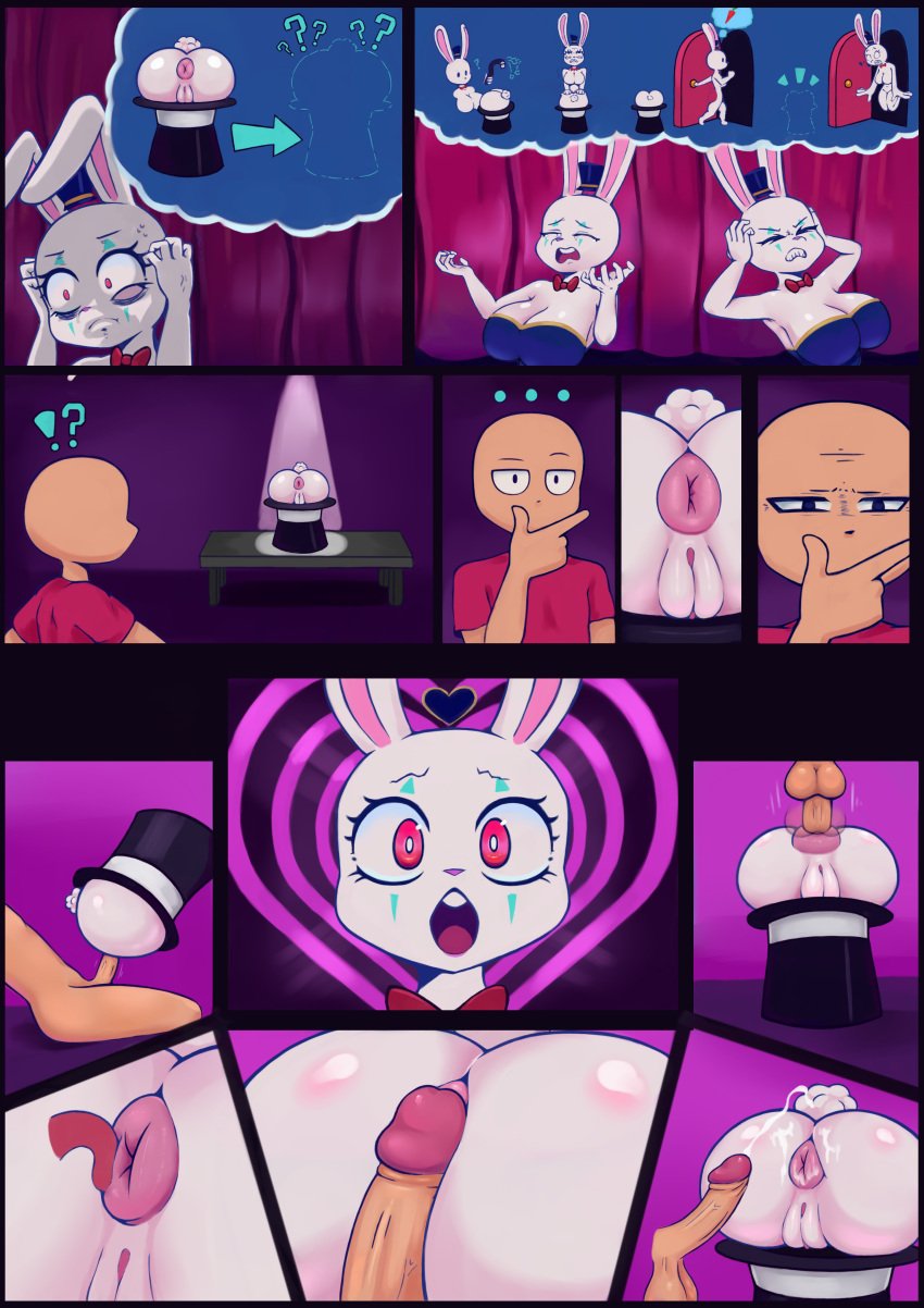 absurd_res anal anal_sex anthro ass bald big_breasts bodily_fluids breasts bunny_ears clothing comic confusion cum cum_on_butt curtains_closed female frustrated fur furry genital_fluids genitals hat headgear headwear heart hi_res huge_breasts human humanoid_genitalia humanoid_penis lagomorph leotard leporid magic magician male male/female mammal nebssik non-euclidean_sex oral original_character penetration penile penile_penetration penis portal_sex pussy rabbit rimming sex thinking_with_portals top_hat white_body white_fur