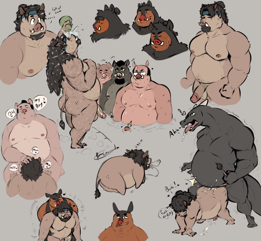 2022 anthro balls belly big_belly black_body bodily_fluids brown_body cum duo erection eyewear genital_fluids genitals glasses hi_res male male/male male_only mammal moobs musclegut nintendo nipples orange_body overweight overweight_male penis pignite pokémon_(species) pokemon pure_command sex solo suid suina sus_(pig) video_games wild_boar