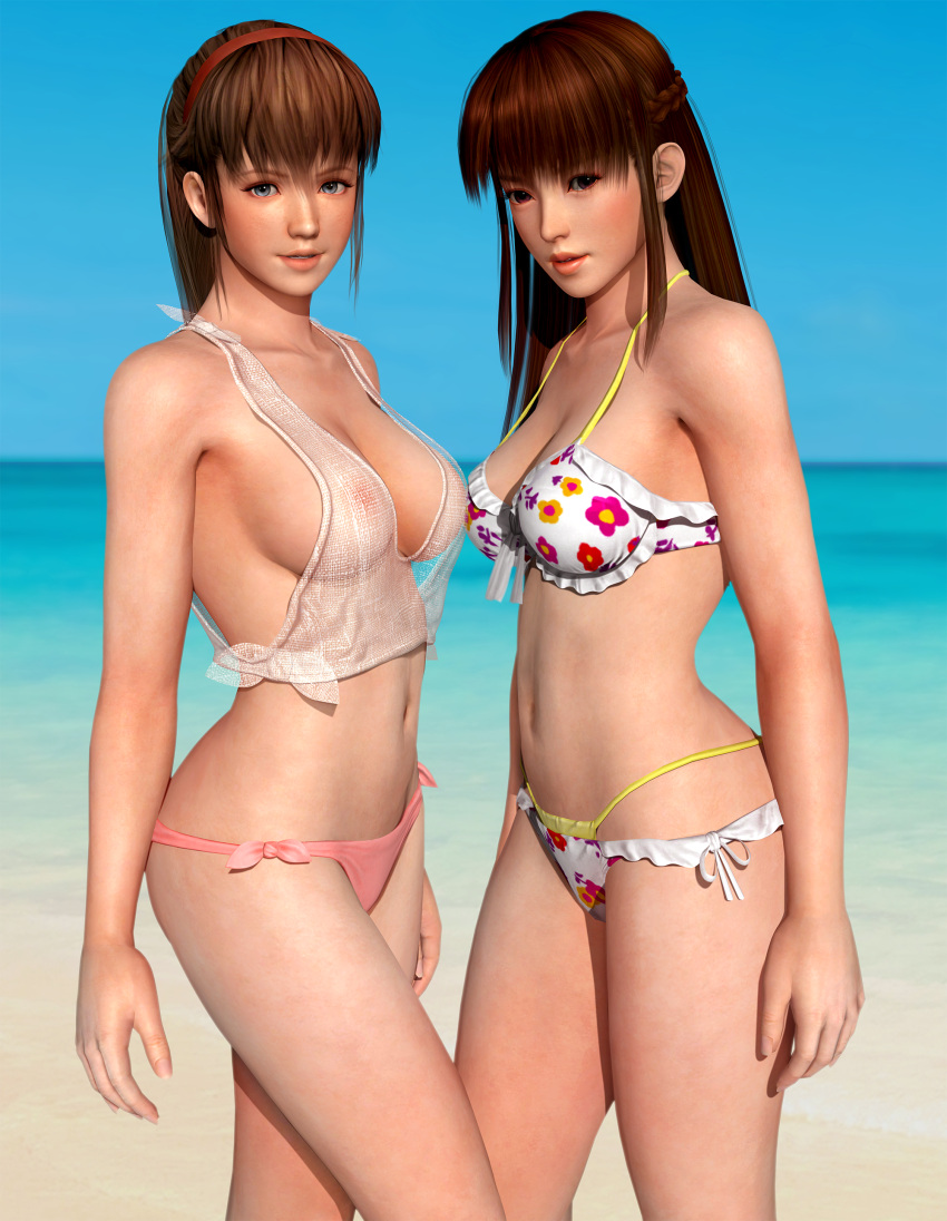 2girls 3d 3d_(artwork) absurdres beach bikini blue_eyes blue_sky braid breasts brown_eyes brown_hair cleavage dead_or_alive dead_or_alive_5 female_focus hairband highres hitomi_(doa) lei_fang looking_at_viewer navel ocean radianteld see-through side_bangs side_braid standing summer swimsuit thighs