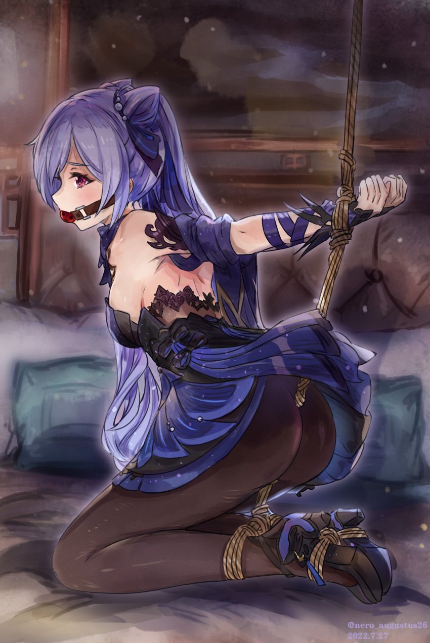 absurdres ass ball_gag bare_shoulders blush bondage bound bound_wrists breasts clothes_lift dress female gag gagged genshin_impact hair_ornament hair_ribbon high_heels highres keqing_(genshin_impact) keqing_(opulent_splendor)_(genshin_impact) kneeling long_hair looking_at_viewer nero_augustus pantyhose purple_hair red_eyes ribbon shiny shiny_clothes shiny_hair shiny_skin sideboob skirt skirt_lift solo twintails very_long_hair