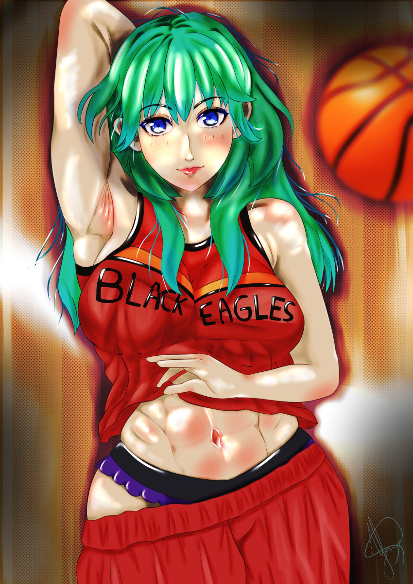 1girls abs arm_behind_head armpits ball bare_midriff bare_thighs basketball basketball_uniform black_panties blue_eyes breasts byleth_(fire_emblem) byleth_(fire_emblem)_(female) enlightened_byleth_(female) female female_only fire_emblem fire_emblem:_three_houses green_hair gym_uniform igniter14 large_breasts long_hair looking_at_viewer midriff nintendo panties purple_panties skirt smile solo thighs underwear yuzo-kun