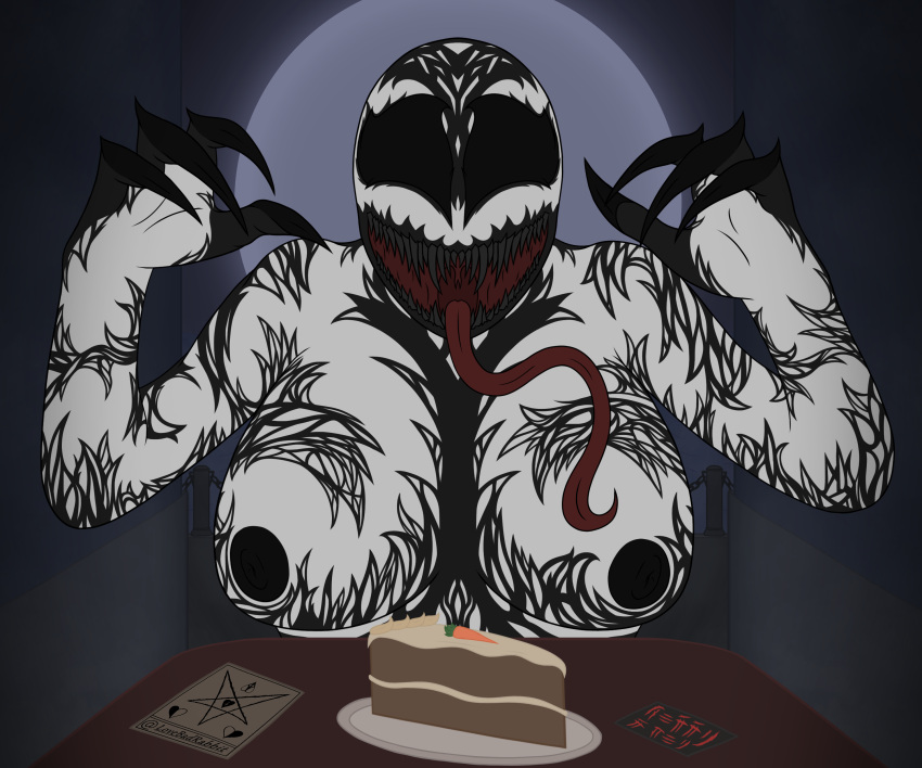 absurd_res alien big_breasts black_body black_eyes breasts cake claws dessert detailed_background fangs female food hi_res humanoid lovebadrabbit marvel monster multicolored_body muscular muscular_female nipples nude open_mouth open_smile smile solo symbiote syx_(symbiote) teeth thick_thighs tongue tongue_out two_tone_body white_body wide_hips