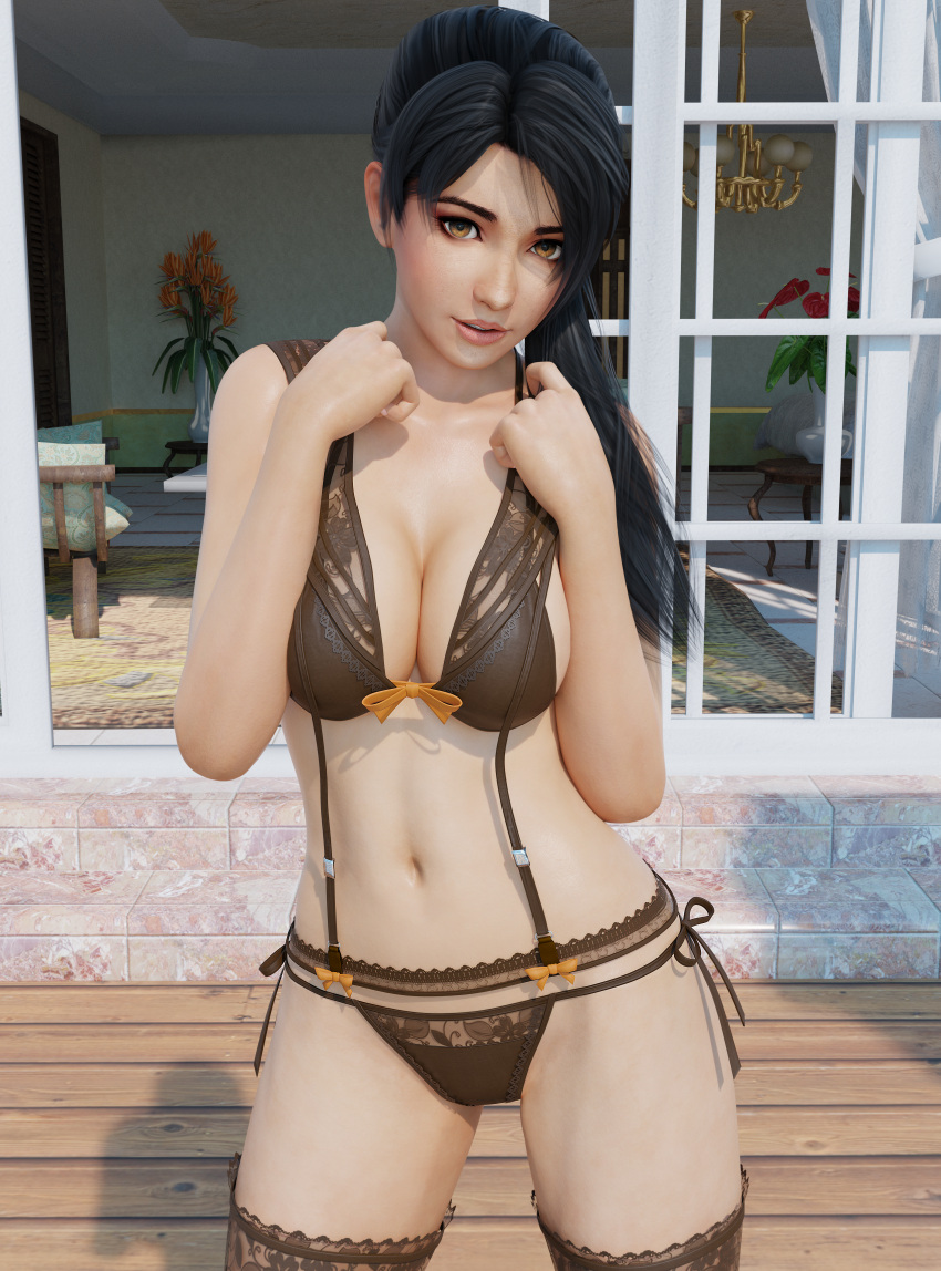 1girls 2020 3d 3d_(artwork) absurdres amber_eyes bedroom_eyes black_hair black_lingerie blender bra breasts brown_eyes cleavage dead_or_alive dead_or_alive_5 female female_focus highres large_breasts lingerie looking_at_viewer momiji_(ninja_gaiden) ninja_gaiden outdoors panties ponytail radianteld solo stockings