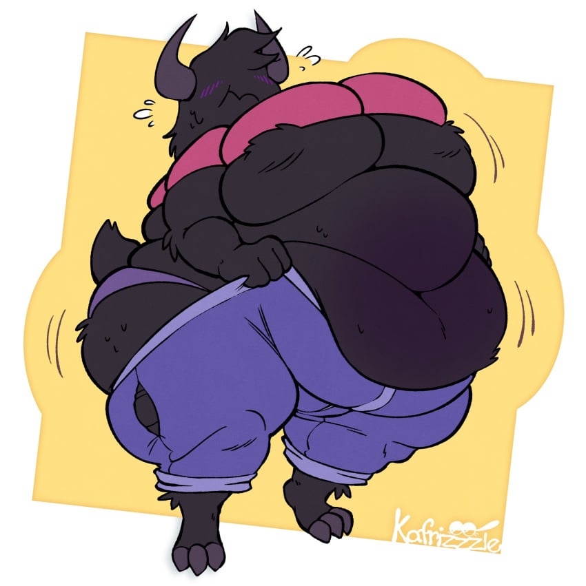 3_toes anthro anthro_only belly_overhang big_breasts double_belly fat furry furry_only kafrizzzle no_humans no_visible_genitalia no_visible_nipples obese panties pulling_pants_up purple_panties ripped_clothing ripping ripping_clothing standing