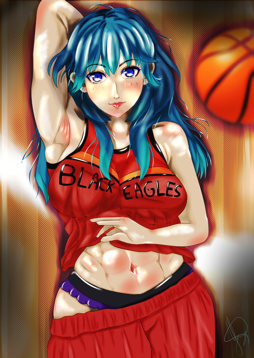 1girls abs arm_behind_head armpits ball bare_midriff bare_thighs basketball basketball_uniform black_panties blue_eyes breasts byleth_(fire_emblem) byleth_(fire_emblem)_(female) female female_only fire_emblem fire_emblem:_three_houses gym_uniform igniter14 large_breasts long_hair looking_at_viewer midriff nintendo panties purple_panties skirt smile solo teal_hair thighs underwear yuzo-kun