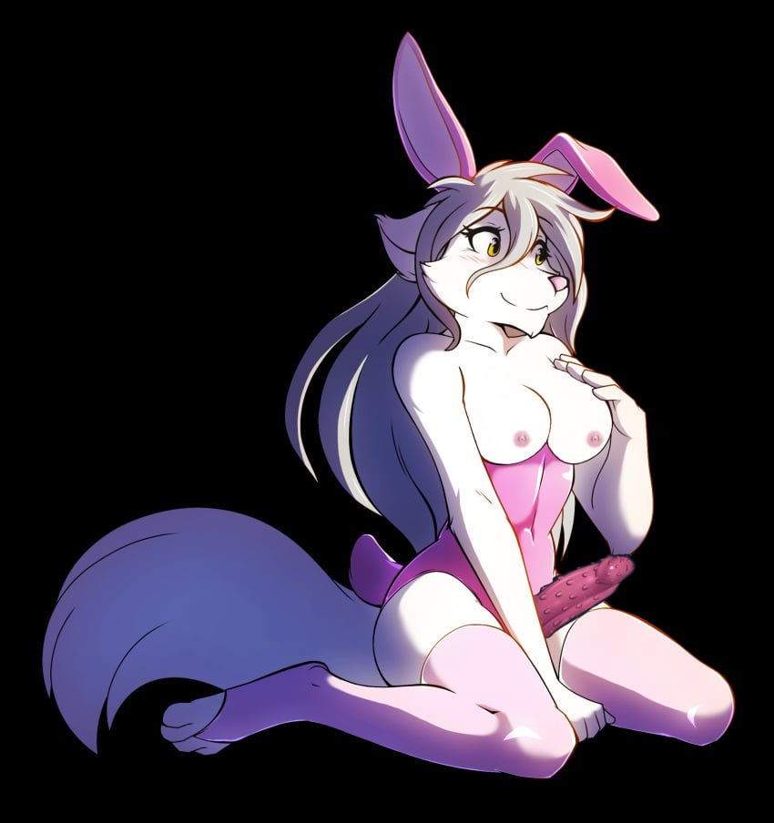 anthro anthro_penis balls barbed_penis black_background bunny_ears bunnysuit clawed_feet clawed_fingers clawed_toes claws furry furry_penis futa_only futanari grey_hair hand_on_breast intersex kalik long_hair pawpads paws pink_pawpads pink_penis pink_stockings pink_thighhighs raine_(twokinds) raine_silverlock sitting stockings thighhighs twokinds white_balls white_body white_fur yellow_eyes