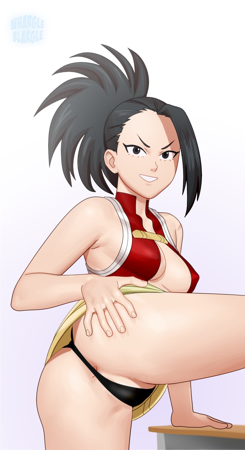 1girls anus_peek ass ass_focus big_breasts black_hair black_panties breasts eye_contact female female_only grabbing_own_ass hero_outfit_(mha) long_hair looking_at_viewer momo_yaoyorozu my_hero_academia panties smile solo solo_female thick_thighs thighs whargleblargle