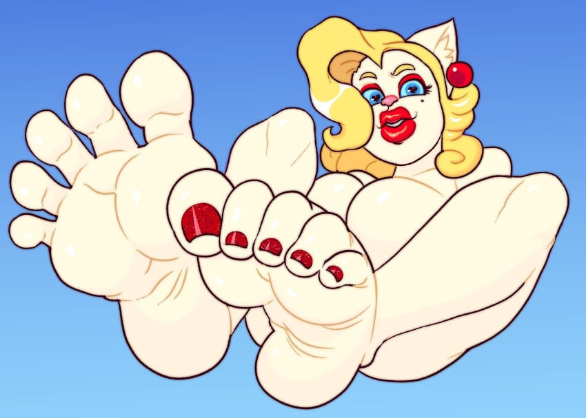 1girls anthro big_feet big_lips blonde_hair catgirl feet feet_up foot_fetish foot_focus grahhh heart-shaped_pupils lips lipstick looking_at_viewer simple_background solo solo_focus stepford toe_scrunch toenail_polish toenails toes