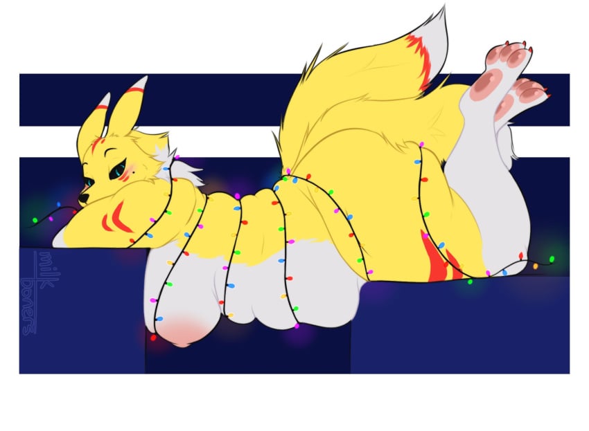 1girls belly big_breasts breasts christmas_lights digimon female female_only furry furry_only kibblesyourbits renamon yellow_body yellow_fur