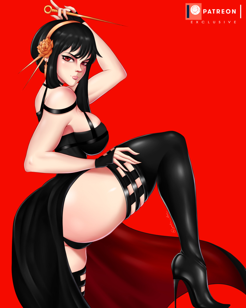 1girls ass assassin big_ass big_breasts big_butt black_hair breasts female female_focus female_only hairband heels high_heel_boots high_heels long_hair panties red_eyes sideboob solo spy_x_family stiletto_(weapon) thick_thighs thorn_princess yor_briar yoru_dan