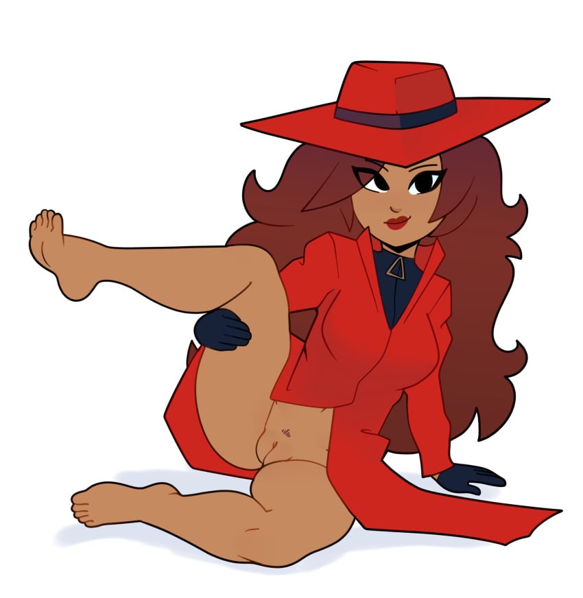 bottomless carmen_sandiego carmen_sandiego_(2019) casual clothed_female clothing dark-skinned_female dark_skin female female_only gloves handwear headwear human netflix open_legs outerwear presenting_pussy pussy red_cape red_hair red_hat red_lipstick somescrub