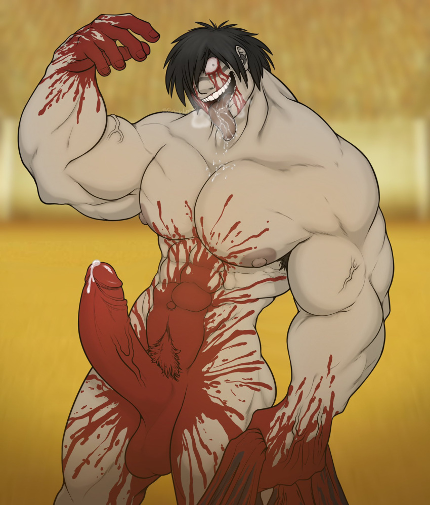 abs armpit_hair balls bara big_pecs big_penis black_hair bleeding bleeding_eyes blood blood_splatter breath completely_nude crazy_eyes drooling erection facial_tattoo fighter grey_skin guro hair_over_one_eye happy_trail huge_cock kengan_(series) kengan_ashura long_tongue looking_at_viewer male male_only male_pubic_hair meguro_masaki muscular muscular_male nude open_mouth pecs penis precum pubic_hair retracted_foreskin saliva smile solo tongue_out toyomaddog uncensored uncut veiny_muscles veiny_penis