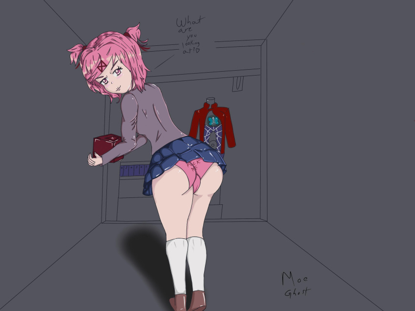 1girls bending_forward bending_over black_text blue_skirt books doki_doki_literature_club female holding_box holding_object looking_at_viewer looking_back looking_back_at_viewer moeghost_(artist) natsuki_(doki_doki_literature_club) panties pink_eyes pink_hair school_uniform skirt solo source_request text text_on_panties text_on_underwear uniform unknown_source