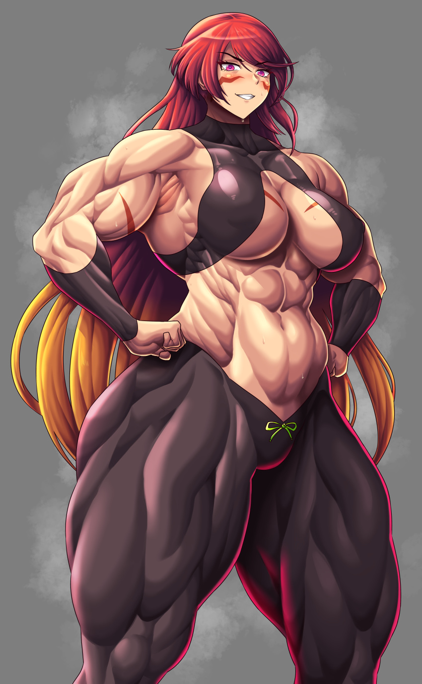 1girls abs absurd_res bare_shoulders biceps big_muscles breasts busty female fuma_kotaro_(tenkaichi) hi_res long_hair looking_at_viewer muscles muscular_arms muscular_female muscular_thighs navel obliques purple_eyes red_hair scar serratus_anterior smile solo tenkaichi_nihon_saikyou_bugeisha_ketteisen thick_thighs toothbrushking underboob