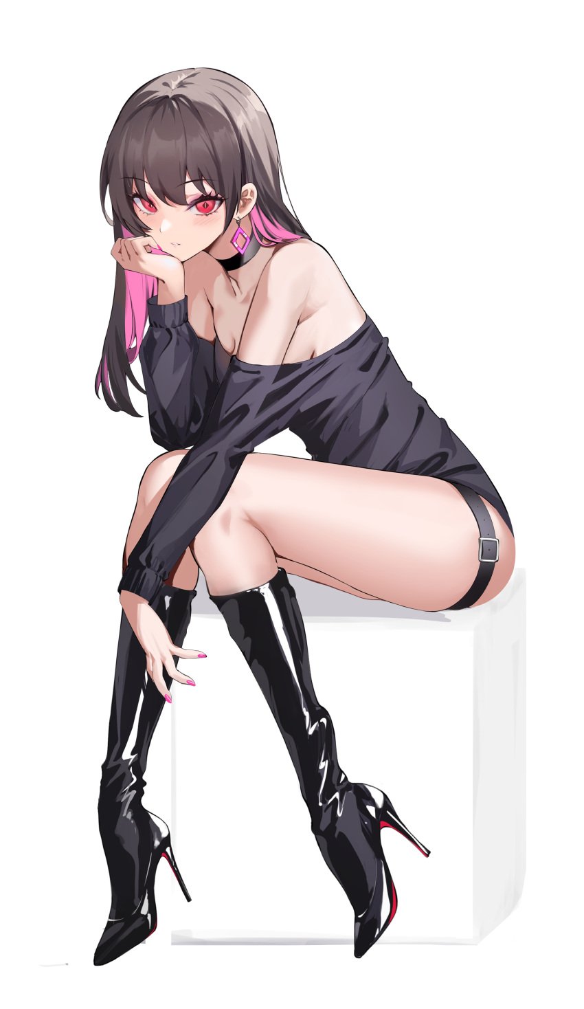 cute heels high_heel_boots high_heels legs multicolored_hair nail_polish nails painted_nails pink_hair red_eyes shoulders spider_apple thick thick_legs thick_thighs