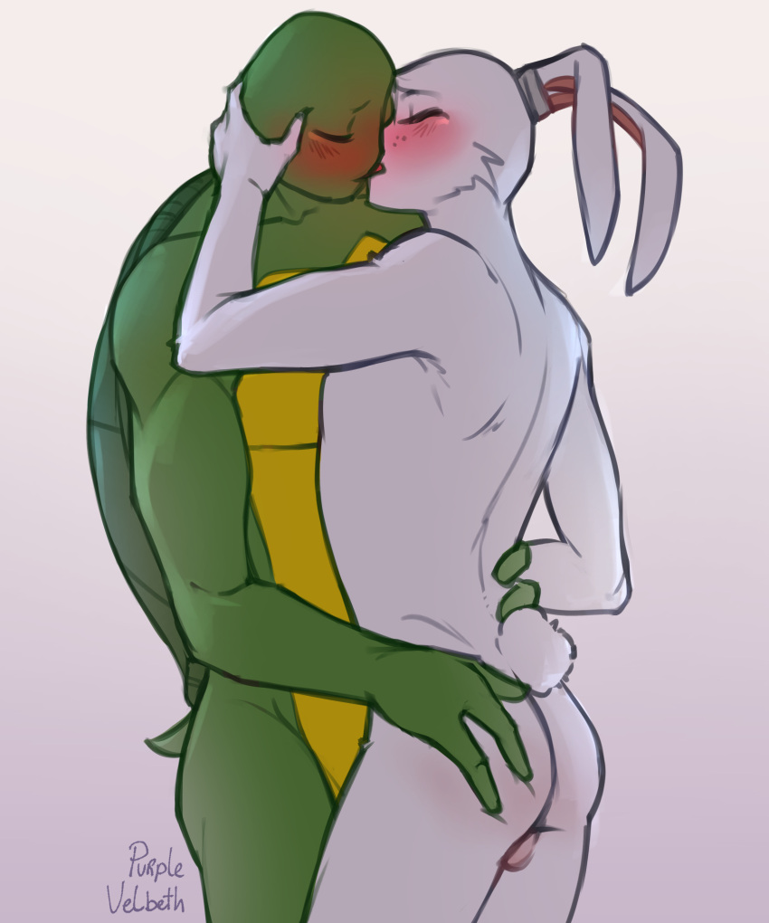 absurd_res animal_humanoid balls blush duo fluffy fluffy_tail french_kissing fur genitals hand_on_butt hi_res humanoid kissing lagomorph lagomorph_humanoid leonardo_(tmnt) leporid_humanoid male male/male mammal mammal_humanoid miyamoto_usagi purplevelbeth rabbit_humanoid reptile reptile_humanoid romantic scalie scalie_humanoid teenage_mutant_ninja_turtles turtle_humanoid usagi_yojimbo white_body white_fur