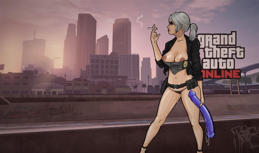 1girls bags_under_eyes belt cleavage dildo earrings erect_nipples expressionless female_focus female_only femsub grand_theft_auto grand_theft_auto_online high_heels holding_dildo huge_breasts karika3323 logo milf ms_dubble_d navel prostitution shirt_down short_hair smoking solo squirting tagme text thong white_hair