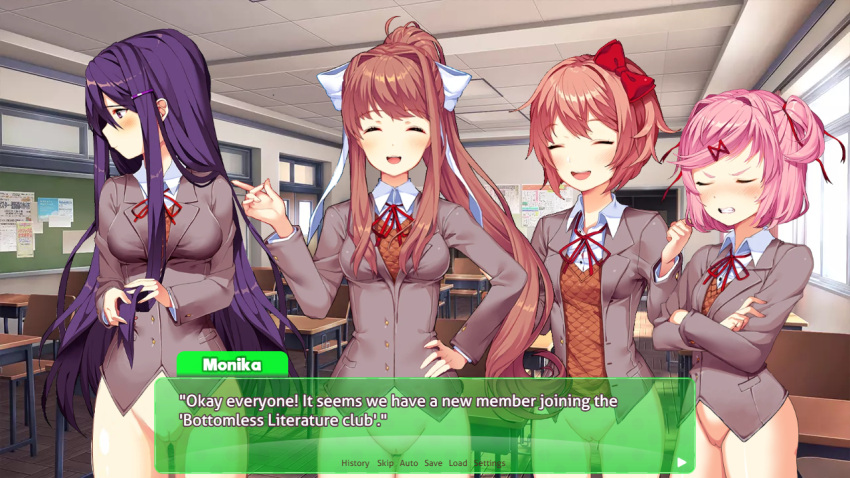 4girls 5_fingers accurate_art_style angry angry_face blushing bottomless bow breasts classroom closed_eyes closet ddlc_background ddlc_text_box desk desks detailed_background doki_doki_literature_club english_text exposed_pussy eyes_closed female female_only females girls green_text_box long_hair looking_to_the_side monika_(doki_doki_literature_club) multiple_girls natsuki_(doki_doki_literature_club) no_panties no_pubic_hair no_skirt open_mouth orange_hair pink_hair playing_with_hair public_nudity purple_eyes purple_hair pussy pussy_exposed red_bow sayori_(doki_doki_literature_club) school school_uniform schoolgirl shaved_pussy shy smiling sprite sprite_edit teeth_clenched teeth_showing text text_box uniform white_bow window yuri_(doki_doki_literature_club)