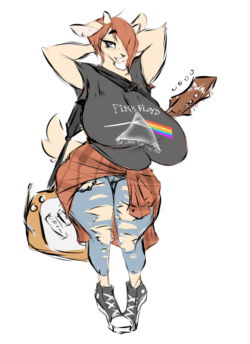 anthro big_breasts breasts clothed clothing dullvivid electric_guitar female footwear guitar huge_breasts lammy_lamb musical_instrument parappa_the_rapper pink_floyd progressive_rock ripped_clothes ripped_clothing ripped_jeans ripped_pants solo sony_interactive_entertainment tagme um_jammer_lammy