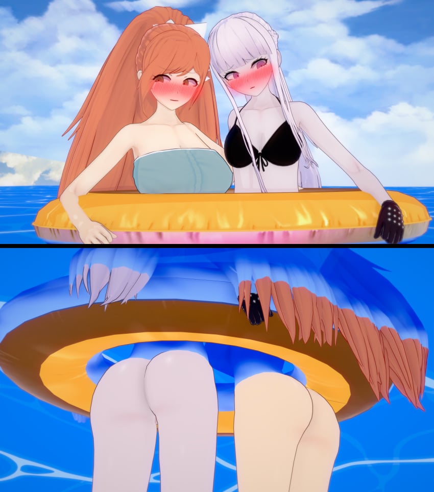 2022 2girls 3d ass beach beach_scene big_breasts bikini bikini_top blush blush_lines blushing bottomless bottomless_female clouds danganronpa danganronpa:_trigger_happy_havoc danganronpa_1 danganronpa_3 danganronpa_s:_ultimate_summer_camp embarrassed embarrassed_nude_female enf female female_only gloves kirigiri_kyouko koikatsu large_ass lavender_hair light-skinned_female long_hair medium_breasts multiple_girls ocean orange_eyes orange_hair pale-skinned_female purple_eyes sea seaside sky straight_hair ultimateenf water yukizome_chisa