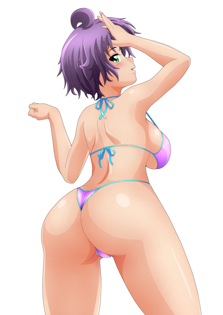 1girls alternate_version_available ass big_ass big_breasts bikini bikini_bottom bikini_top blush breasts bubble_butt busty dat_ass fat_ass green_eyes hand_on_head huge_breasts legitimate_variation looking_at_viewer looking_back open_mouth original pose posing purple_hair purple_thong seductive seductive_look seductive_smile sensual short_hair sideboob smile source_request thick_thighs thong voluptuous yukino_akaihi yukino_memories zel-sama