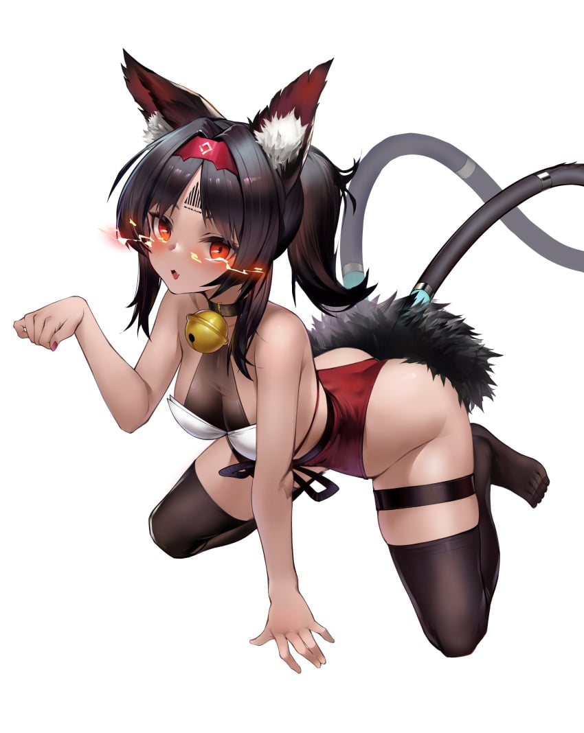 1girls 2_tails all_fours animal_ear_fluff animal_ears bangs barcode barcode_tattoo bell black_hair black_legwear blush breasts cat_girl cat_tail clothing dark-skinned_female dark_skin female female_only fur_trim hairband high_resolution janload1ng kneeling legwear looking_at_viewer medium_breasts multiple_tails neck_bell nekomimi nekomiya_mana open_mouth parted_lips paw_pose ponytail red_hairband sidelocks simple_background skindentation solo tail thigh_strap thighhighs tied_hair very_high_resolution white_background zenless_zone_zero