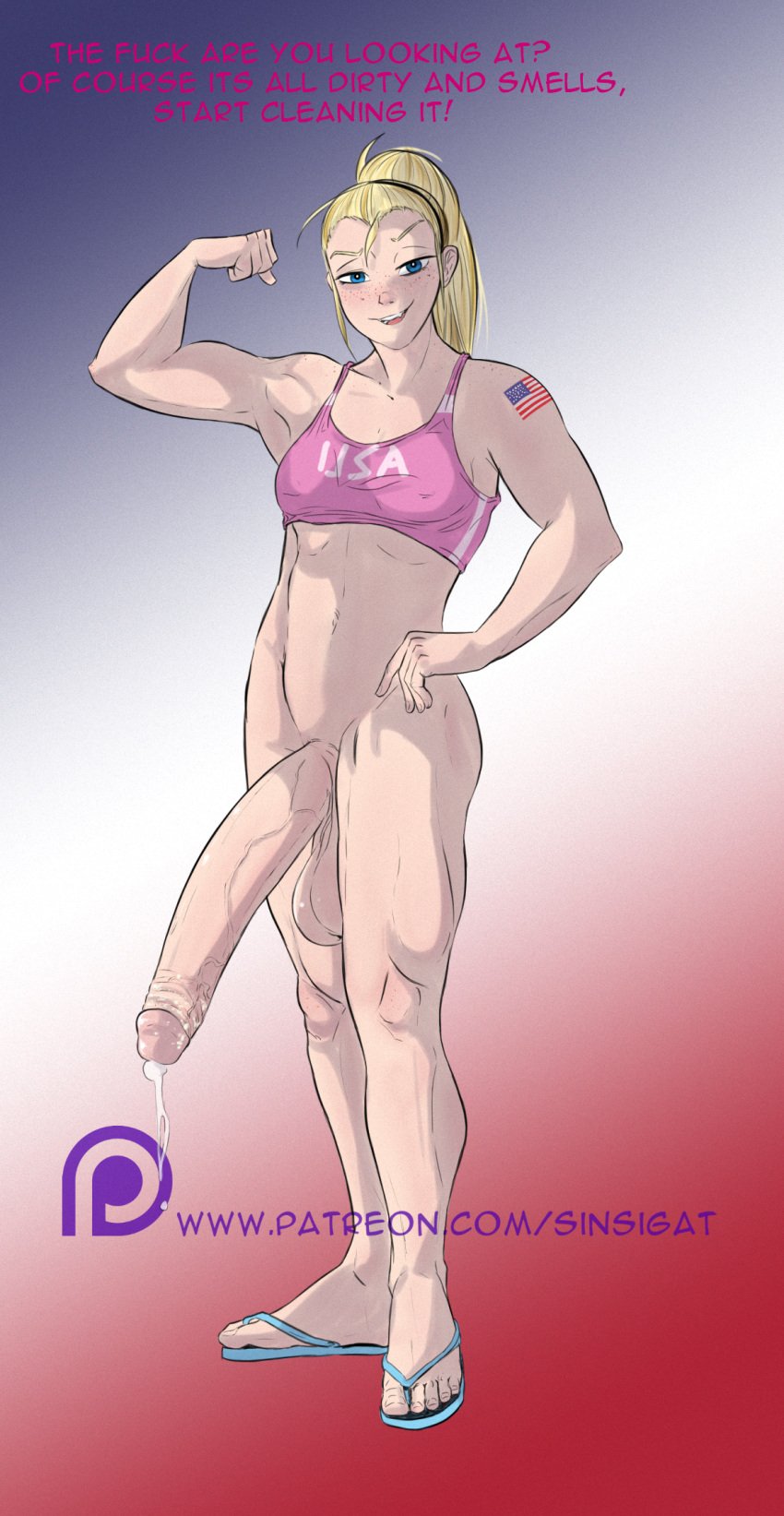 1futa 2023 american_flag athletic athletic_futanari balls big_penis blonde_hair bottomless breasts caption clothed clothing dialogue english_text erection flat_chest futa_only futadom futadom_caption futanari huge_cock human hung_futanari light-skinned_futanari light_skin long_hair musk partially_clothed penis ripley_(sinsigat) sinsigat smegma solo standing tagme text