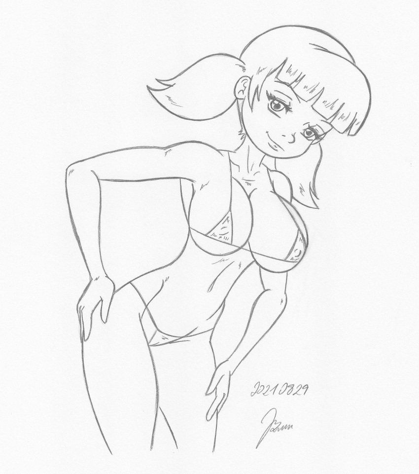 1girls alternate_breast_size artist_name bent_over big_breasts bikini busty cleavage female female_only hand_on_hip hand_on_leg hand_on_own_leg hand_on_own_thigh hand_on_thigh inspector_gadget large_breasts leaning_forward legs looking_at_viewer low_twintails monochrome navel penny_gadget pose posing smile smooth_skin thighs