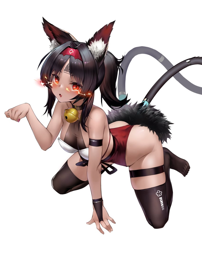 2_tails all_fours animal_ear_fluff animal_ears bangs barcode barcode_tattoo bell black_gloves black_hair black_legwear blush breasts cat_girl cat_tail clothing dark-skinned_female dark_skin female fingerless_gloves fur_trim gloves hairband high_resolution janload1ng kneeling legwear looking_at_viewer medium_breasts multiple_tails neck_bell nekomimi nekomiya_mana open_mouth parted_lips paw_pose ponytail red_hairband sidelocks simple_background single_glove skindentation solo tail thigh_strap thighhighs tied_hair very_high_resolution white_background zenless_zone_zero