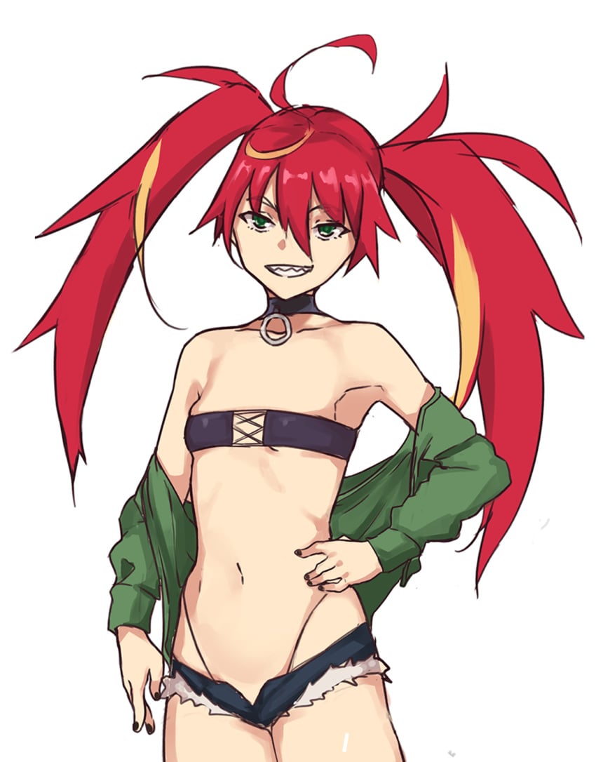 1girls artist_request breasts denim denim_shorts female female_only green_eyes grin hand_on_hip hi_res jacket kyuukyoku_shinka_shita_full_dive_rpg_ga_genjitsu_yori_mo_kusoge_dattara legs long_hair looking_at_viewer midriff mizarisa navel open_clothes pose red_hair shorts small_breasts smile solo thighs thong twintails unbuttoned