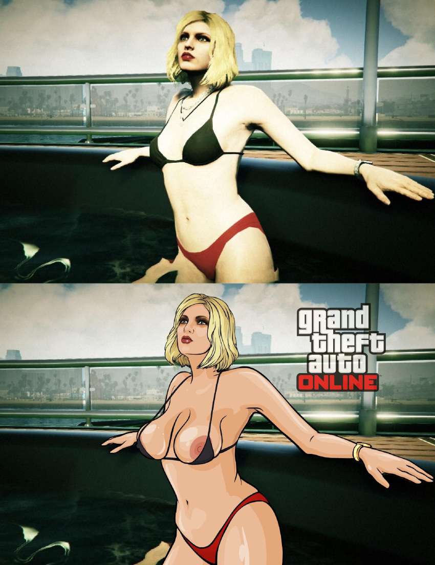 1girls 3d 3d_(artwork) bare_shoulders before_and_after bikini blonde_hair bracelet cleavage collarbone comparison erect_nipples female female_focus female_only grand_theft_auto grand_theft_auto_online gta_online_female_character huge_breasts karika3323 lipstick navel red_lipstick redraw remake solo tagme text