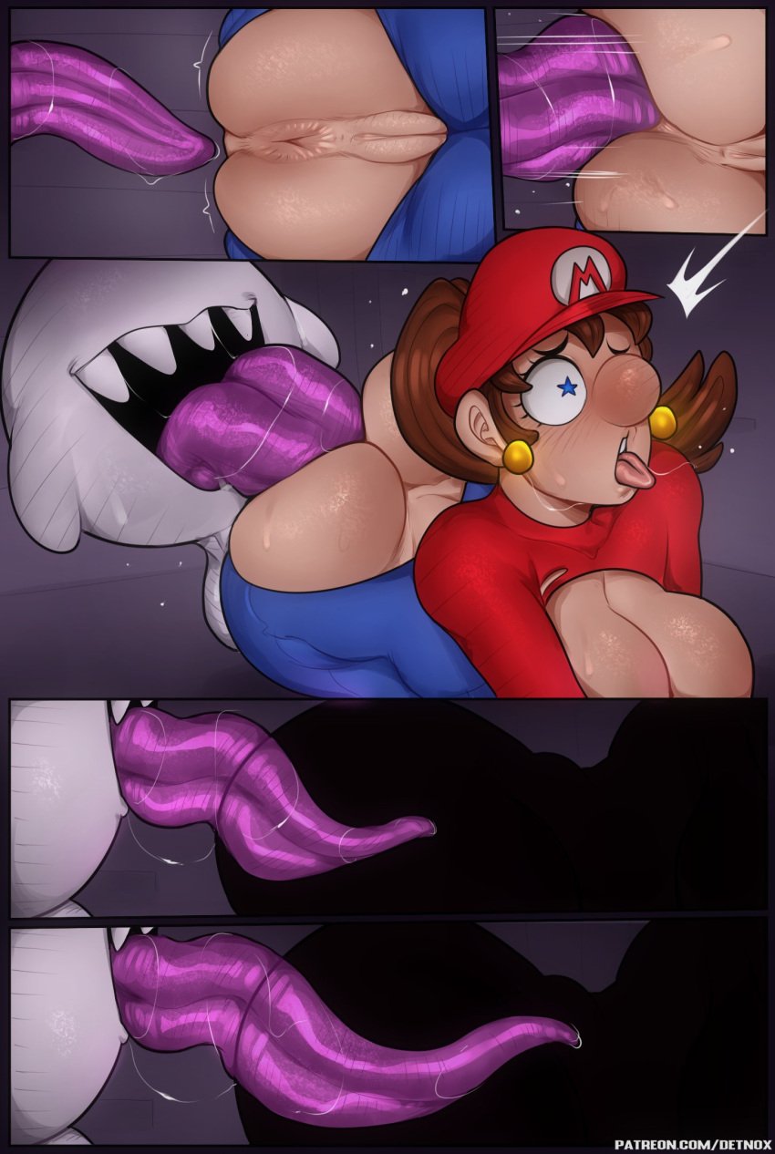 ahe_gao big_breasts big_nose big_penis bodily_fluids boo_(mario) boobjob breasts brown_hair comic cum cum_inside cum_on_breasts detnox dialogue hungry_anus king_boo lips lipstick_on_ass luigi's_mansion maria_(detnox) mariette mario mario_(series) new_super_mario_bros._u_deluxe oral oral_insertion oral_penetration oral_rape oral_sex rape raped_by_monster rule_63 swollen_anus