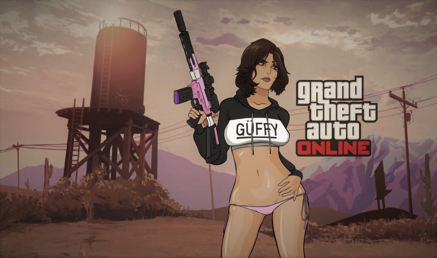 1girls brown_eyes brown_hair collarbone female_focus female_only femsub grand_theft_auto grand_theft_auto_online gun happy holding_weapon hoodie karika3323 karika_(karika3323) logo navel short_hair solo sweater tagme text thong