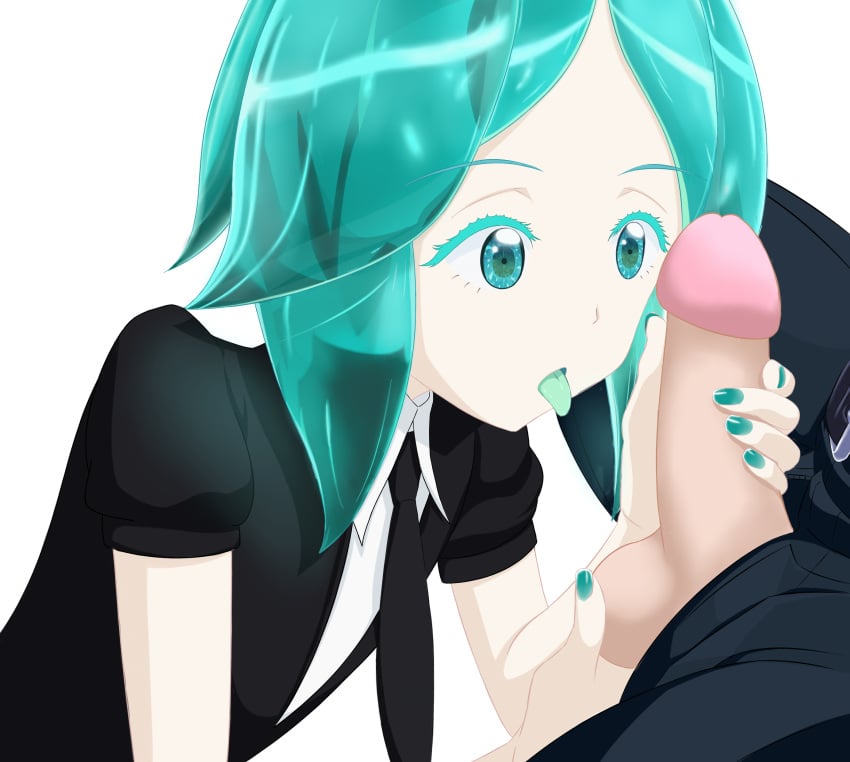 1other ambiguous_gender balls bangs belt blue_eyebrows blue_eyeliner blue_eyes blue_fingernails blue_hair blue_mouth blue_tongue eyelashes hand_on_penis holding_penis houseki_no_kuni human_on_humanoid humanoid jeans light_skin looking_at_penis pale_skin penis phosphophyllite riben_donghua short_hair tie tongue_out uniform unknown_gender white_background white_sclera