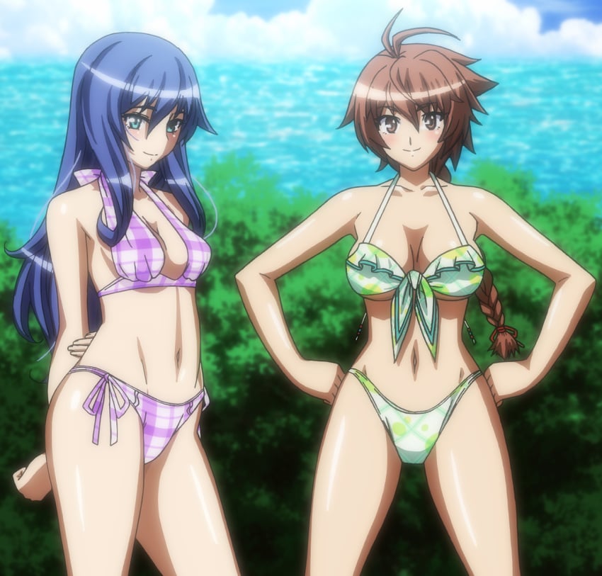 2girls aku_no_onna_kanbu aku_no_onna_kanbu_fullmoon_night aqua_eyes arm_grab arms_behind_back beach big_breasts bikini blue_hair braid braided_ponytail breasts brown_eyes brown_hair busty cleavage confident female female_only front-tie_bikini_top front-tie_top grabbing_own_arm hands_on_hips juugoya_tsukimi large_breasts legs long_hair looking_at_viewer medium_breasts multiple_girls navel ocean pose posing screencap sensual single_braid smile stitched straight swimsuit thighs third-party_edit thong_bikini voluptuous water