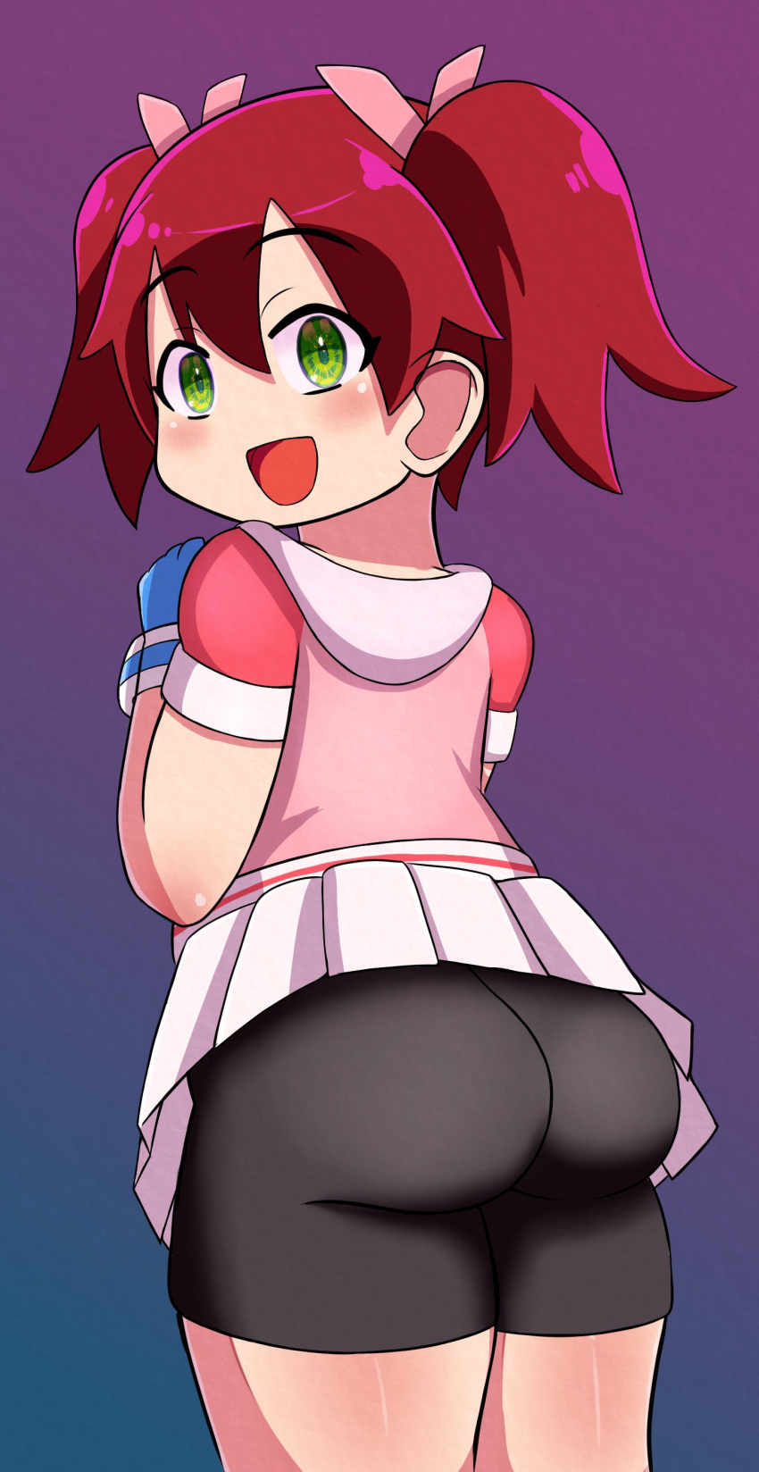 1girls ape_escape ass big_ass bike_shorts bike_shorts_under_skirt brown_hair fat_ass gloves green_eyes highres huge_ass legs looking_at_viewer looking_back open_mouth sayaka sensual skirt smile solo thighs twintails yumi