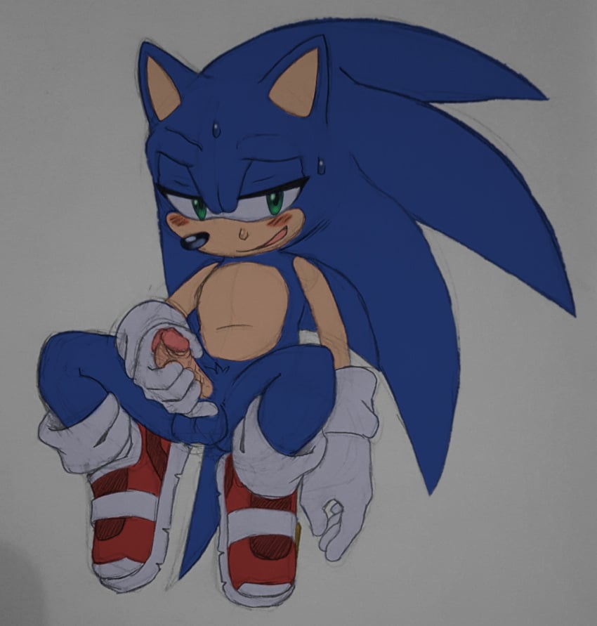 anthro balls blush bodily_fluids exposed_torso footwear furry genitals handwear hi_res male manual masturbation nowykowski7 penile_masturbation penis sega solo solo_anthro solo_male sonic_(series) sonic_the_hedgehog sonic_the_hedgehog_(series) sweat