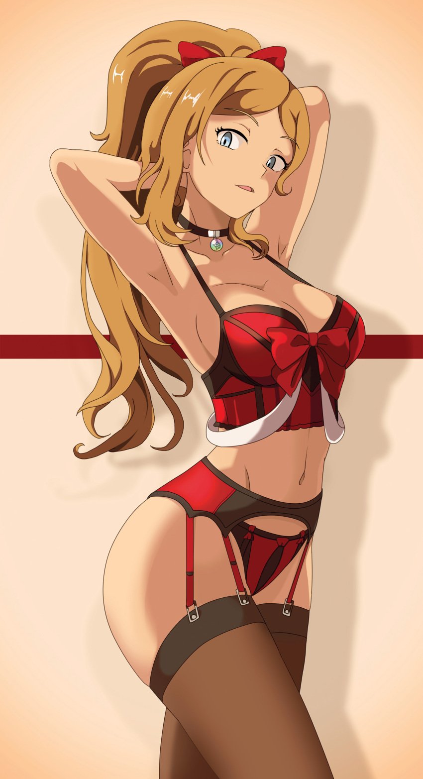 1girls aged_up anime_eyes blonde_hair cat_eyes fair-skinned_female fair_skin female female_only fit_female flowing_hair hair_ribbon hourglass_figure large_breasts light_blue_eyes lingerie long_hair medium_breasts pokemon pokemon_xy red_ribbon serena_(pokemon) slim_waist small_nose solo tall_female toned_female vivivoovoo wide_eyes