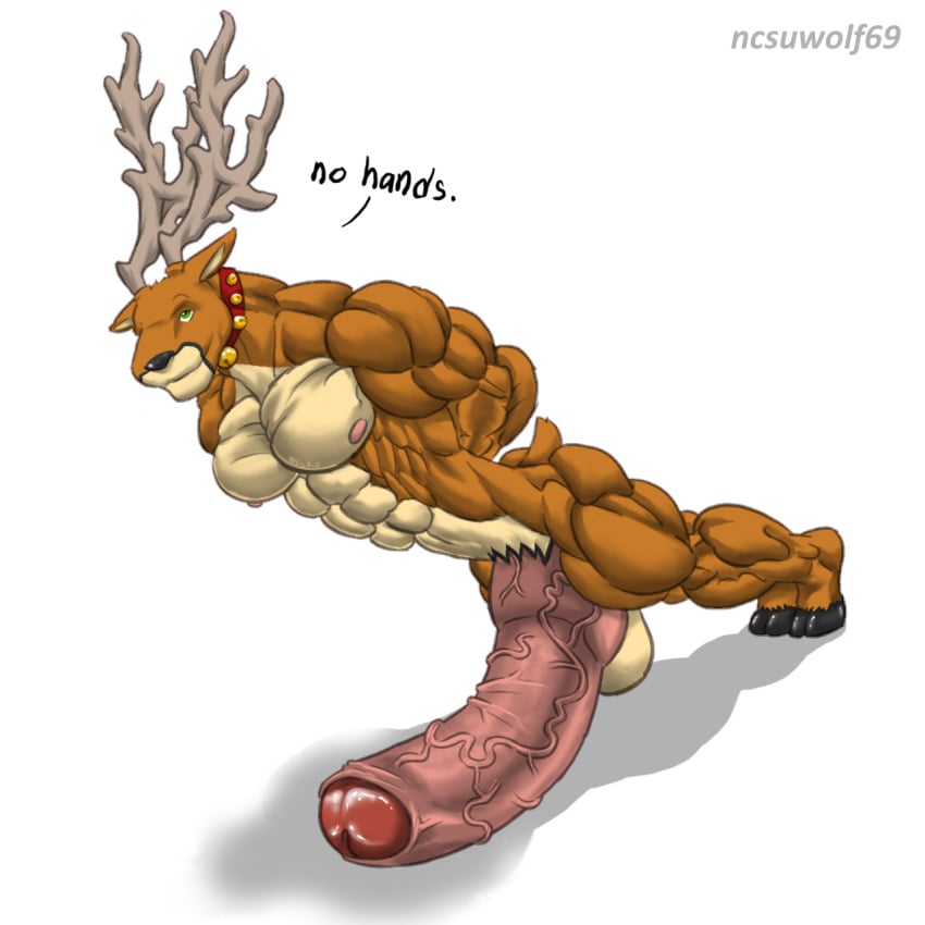 anthro balls big_penis cervine collar deer erection fur furry hyper male male_only muscles nude penis penis_push-up pose solo the_fabulous_croissant wolfiecanem