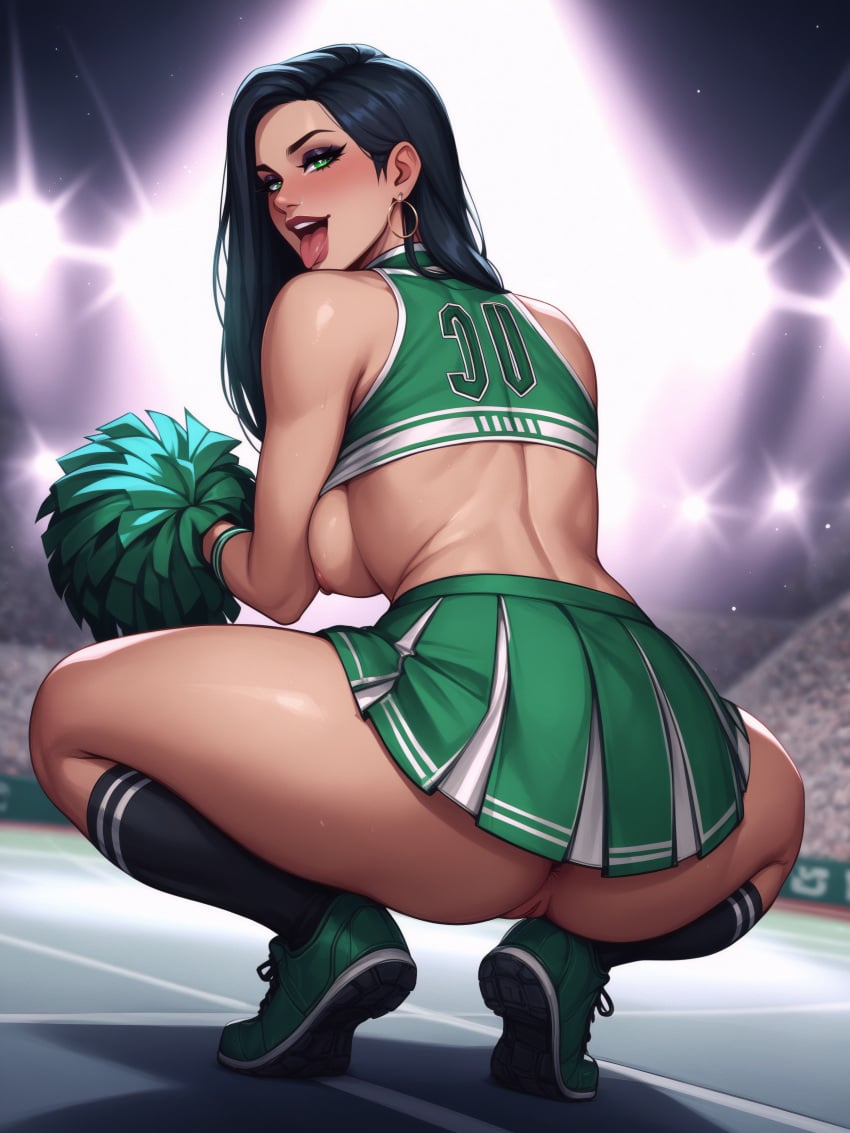 1girls ai_generated areola areolae ass ass_focus black_hair breast breasts breasts_out cheerleader cheerleader_outfit cheerleader_uniform crouching crouching_female curvaceous curvaceous_body curves curvy curvy_body curvy_female curvy_figure exposed exposed_breast exposed_breasts exposed_nipple exposed_nipples exposed_pussy exposed_vagina female female_only green_eyes hourglass_figure infiniteskull light-skinned_female light_skin mouth mouth_open nipple nipples oc open_mouth original_character pussy skirt solo solo_female squatting tongue tongue_out vagina voluptuous voluptuous_female