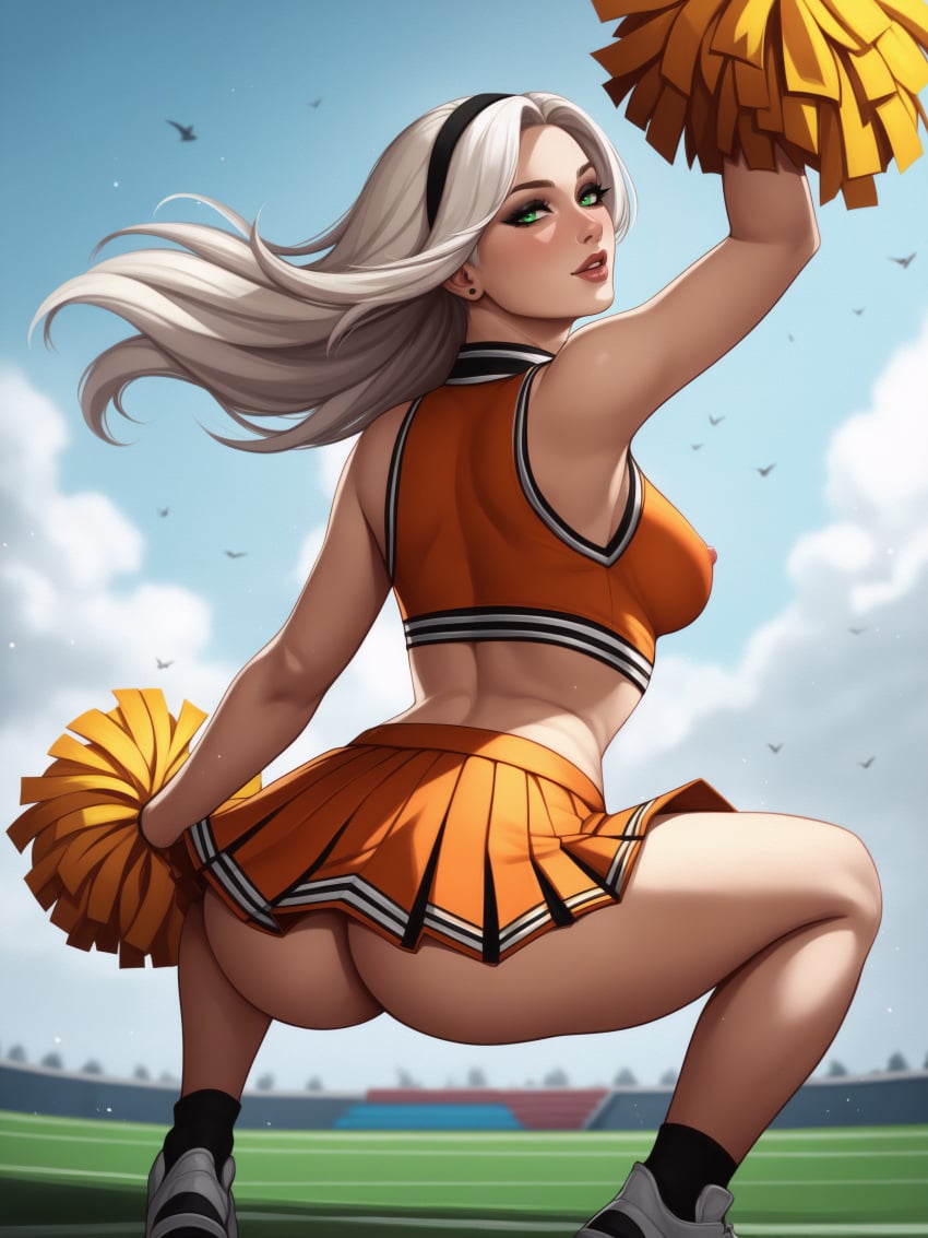 1girls ai_generated ass ass ass_focus cheerleader cheerleader_outfit cheerleader_uniform curvaceous curvaceous_body curves curvy curvy_body curvy_female curvy_figure exposed exposed_ass exposed_butt female female female_only green_eyes hairband hourglass_figure infiniteskull light-skinned_female light_skin nipples nipples_visible_through_clothing oc original_character platinum_blonde_hair skirt solo solo_female voluptuous voluptuous_female