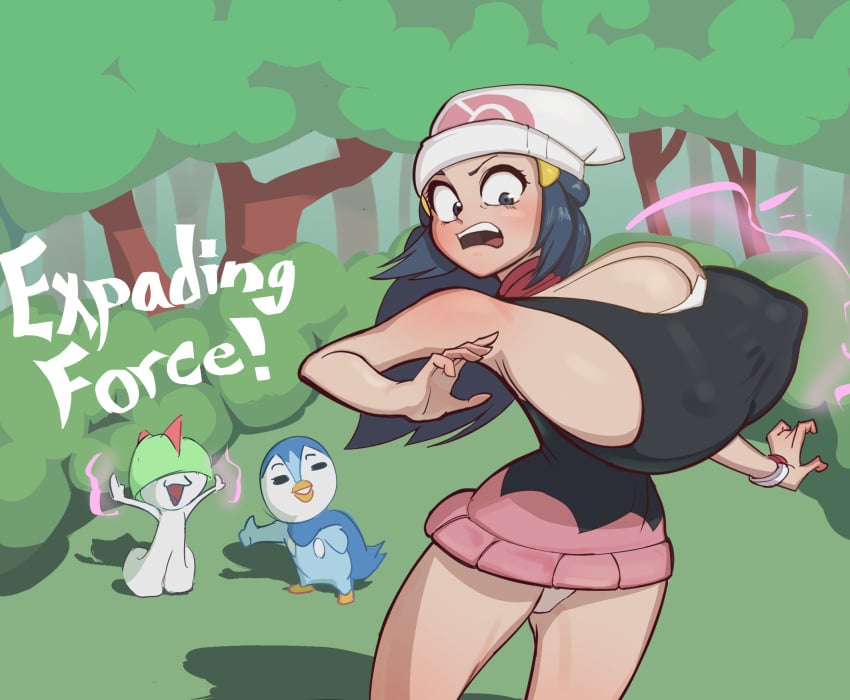 1girls boob_window breast_expansion breasts_bigger_than_head bursting_breasts chell_chan clothed dawn_(pokemon) female gigantic_breasts hat huge_breasts magic magic_user miniskirt nintendo nipple_bulge no_bra outside panties piplup pokemon pokemon_(species) ralts revealing_clothes sideass sideboob teasing tree