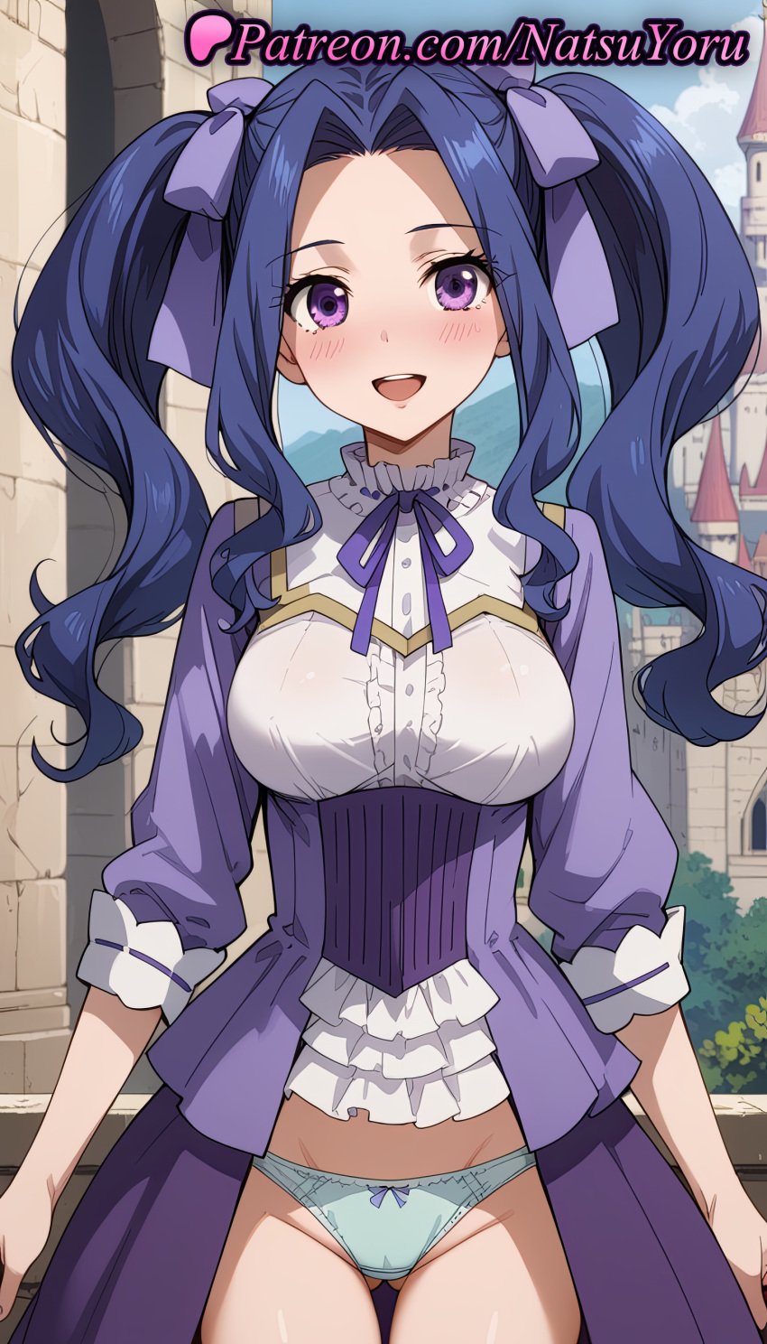 1girls :d ai_generated anime anime_style aqua_panties ass_visible_through_thighs bikini_bottom blouse blue_hair blue_panties blush bow bow_panties breasts bust busty castle center_frills corset cowboy_shot day dress female female_focus female_only forehead frills green_panties groin hair_intakes hair_ribbon hair_ribbons hairbow hentai large_breasts long_hair long_sleeves looking_at_viewer medium_breasts melty_q_melromarc natsuyoru neck_ribbon open_mouth outdoors panties pantsu parted_bangs purple_bow purple_dress purple_eyes purple_ribbon ribbon shirt showgirl_skirt sidelocks smile solo solo_female standing tate_no_yuusha_no_nariagari teeth the_rising_of_the_shield_hero thigh_gap thighs twintails underbust underwear upper_teeth_only voluptuous voluptuous_female wavy_hair