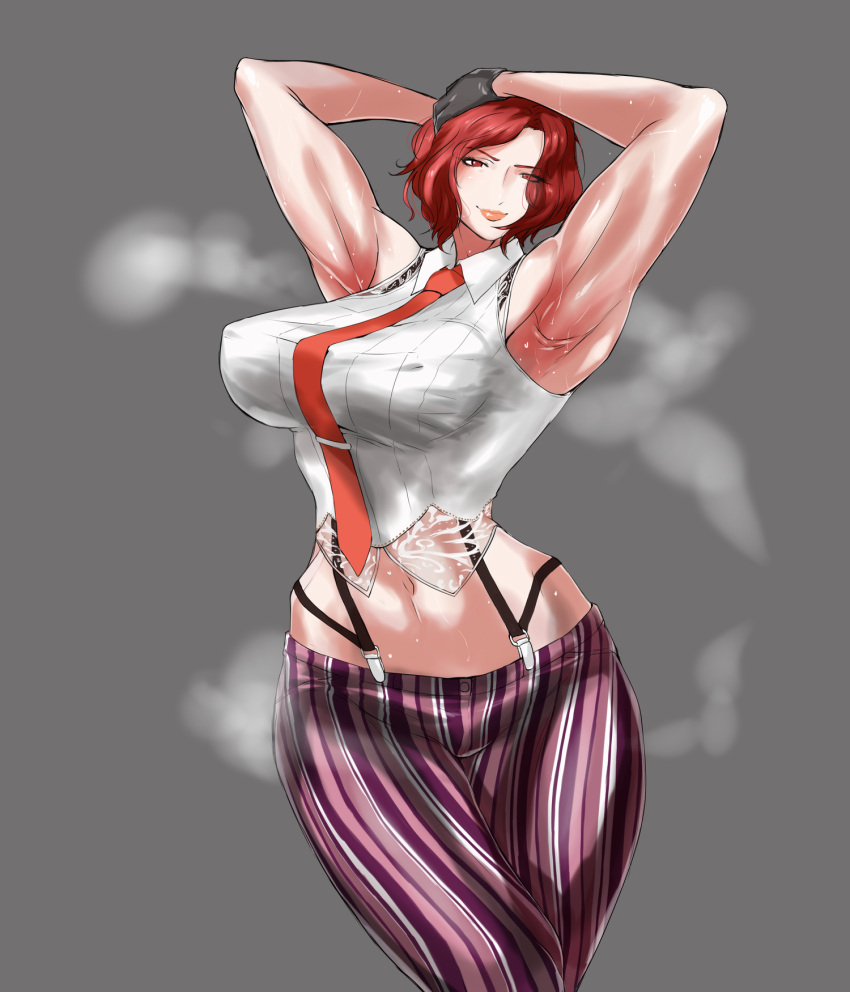 armpits arms_up artist_request bare_midriff blush busty crop_top erect_nipples female female_focus female_only gloves hourglass_figure king_of_fighters milf muscle_tone navel nipple_bulge pants pinup pinup_pose red_eyes red_hair short_hair sleeveless sleeveless_shirt snk standing steam steaming_body steamy suspenders sweat sweatdrop sweating sweaty sweaty_body tagme tie toned toned_female vanessa_(kof) wide_hips