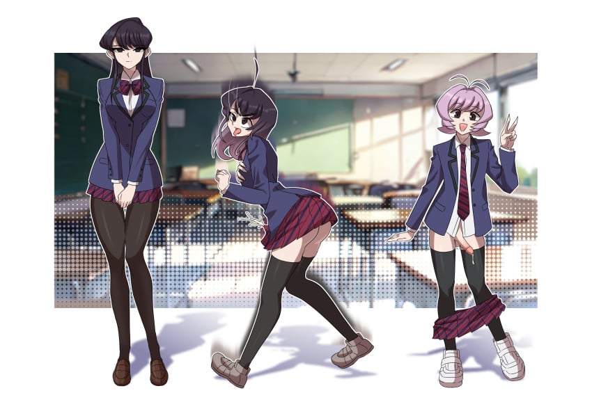 1boy 1girls ahe_gao black_eyes black_hair black_thighhighs bow_tie breast_shrinking brown_eyes brown_shoes cum_drip cum_under_clothes erasethismail eye_color_change female_to_male femboy feminine_male flat_chest ftm_transformation gender_transformation genderswap_(ftm) girly hair_color_change hand_on_breast hands_together height_reduction identity_death komi-san_wa_komyushou_desu komi_shouko lavender_hair long_hair mental_transformation navy_blue_jacket no_panties orgasm_face osana_najimi penis_out plaid_bow plaid_skirt plaid_tie school_uniform short_hair size_transformation skirt_down small_penis smiling tie transformation transformation_sequence trap v_sign white_shirt white_shoes